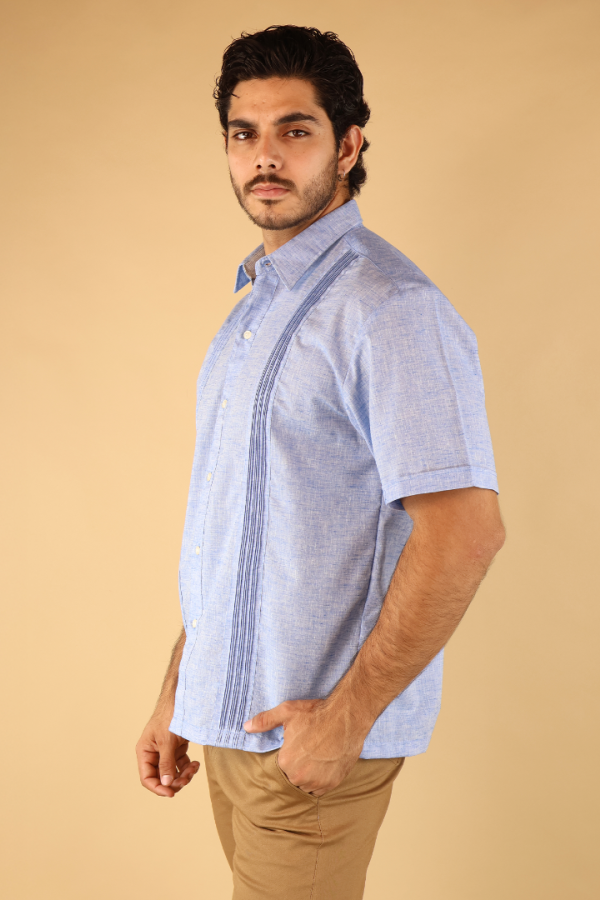 Guayabera Azul Jaspe Manga Corta Hombre Alforzas Frontales Casual Elegante